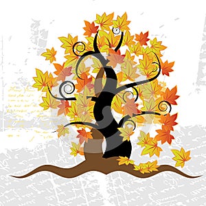 Old tree, grass, autumn,grunge