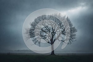 OLD TREE IN SNOW GENERATED BY AI TOOL