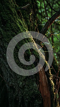 old tree trunk covered with green moos