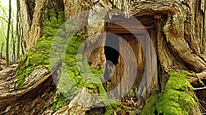 Old tree trunk with green moss and an old wooden door in the forest photo