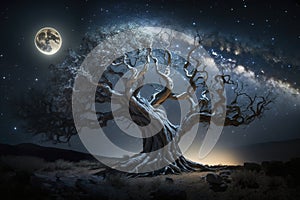 Old tree under full moon, created with generative AI