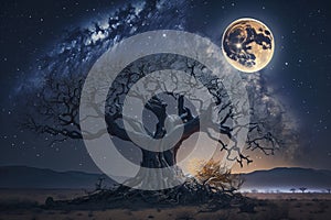 Old tree under full moon, created with generative AI