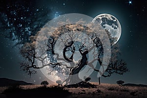 Old tree under full moon, created with generative AI