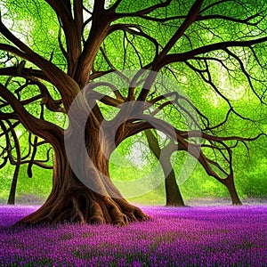 old tree in a vibrant forest, meadow of colorful flowers