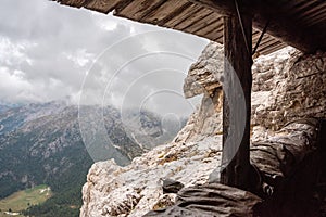 Old trenches and barbed wire at the Mount Lagazuoi fortification, built during the First World War, South Tirol