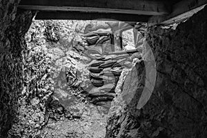 Old trenches and barbed wire at the Mount Lagazuoi fortification, built during the First World War, South Tirol