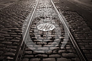 Old trolley tracks and cobblestones