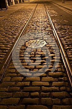 Old trolley tracks and cobblestones photo