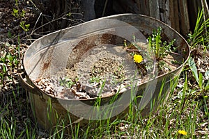 Old trough with soil overgrown with flowers and grass