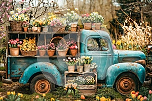 Old truck filled with flowers. Generative AI