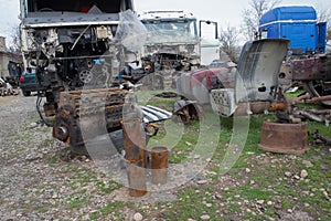 The old truck graveyard. Interior of abandoned old car