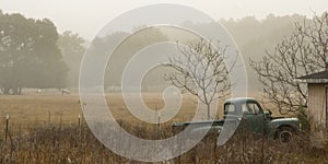 Old Truck and Horses in the Mist