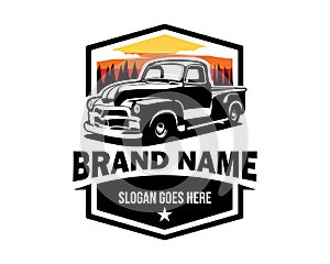 old truck logo with amazing sunset view best for industrial truck badge, emblem, icon.