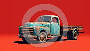 Old truck. Old rusty vintage truck on a red background