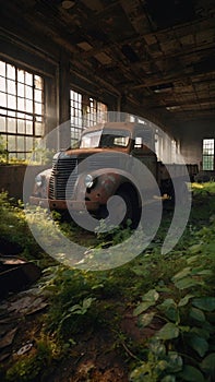 an old truck sits inside of a building with tall windows