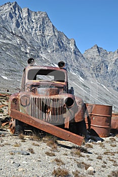Old truck of World War II in the abandoned Greenland mountains photo