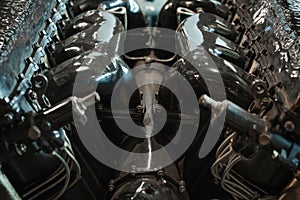 Old turboprop part, vintage airplane closeup details photo