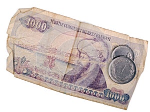 Old Turkish banknote and coins