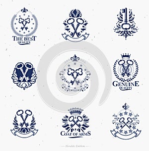 Old Turnkey Keys emblems set. Heraldic vector design elements collection.