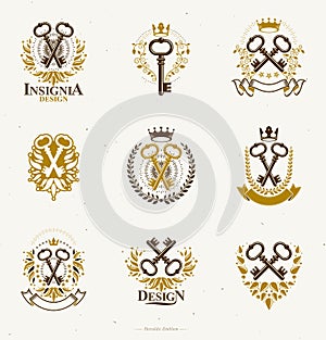 Old Turnkey Keys emblems set. Heraldic vector design elements collection. Retro style label.