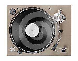 Old turntable with lp vinyl record top view. Clipping path