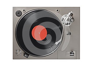 Old turntable with lp vinyl record top view. Clipping path