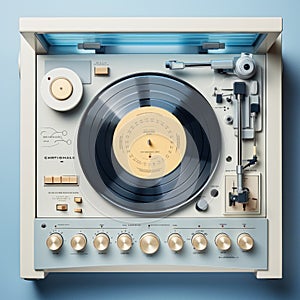 old turntable player with lp vinyl record top view.