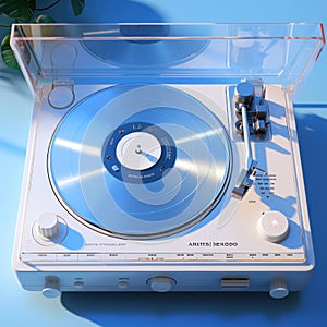 old turntable player with lp vinyl record top view.