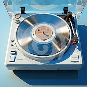 old turntable player with lp vinyl record top view.