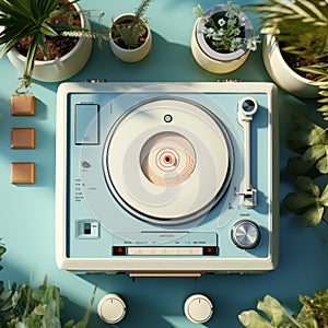 old turntable player with lp vinyl record top view.