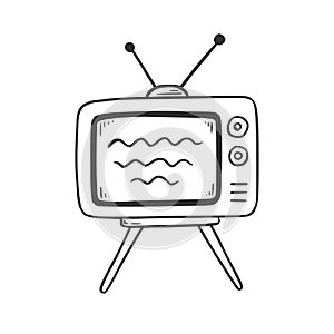 Old tv with antenna doodle. Old television isolated hand drawn element. Vector