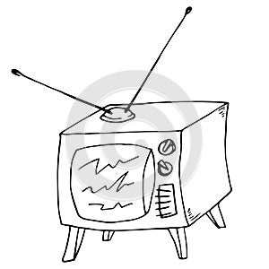 Old TV with antenna. Vector illustration TV with interference. Hand drawn cartoon TV with antenna