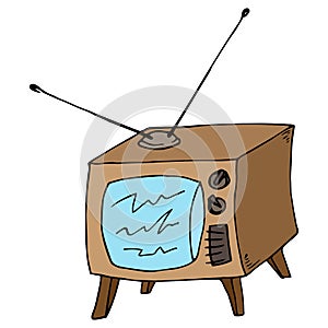 Old TV with antenna. Vector TV with interference. Hand drawn