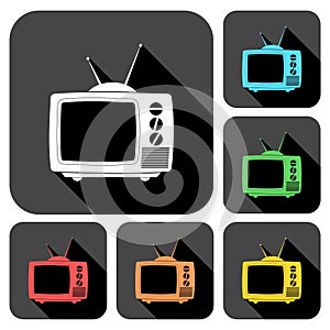 Old TV icons set with long shadow