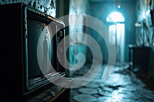 Old TV with a scary shadow silhouette of a man in a gloomy abandoned room with shabby walls