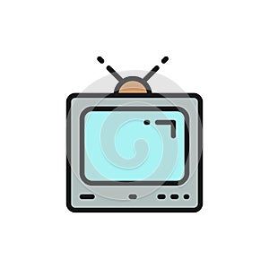 Old tv set, vintage television with antenna flat color line icon.