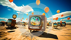 An old TV was disposed of in the desert, surrounded by orange balloons