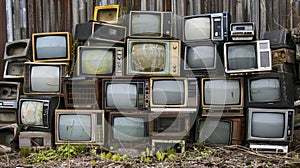 Old TVs stacked against wooden fence