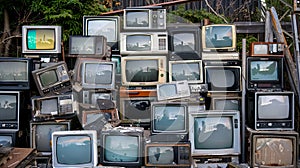 Old TVs stacked outside in junkyard