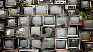 Old TVs stacked outside shop photo