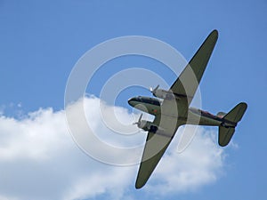 Old, twin engine piston aircraft Dakota during display in Goraszka in Poland.