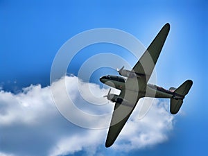 Old, twin engine piston aircraft Dakota during display in Goraszka in Poland.