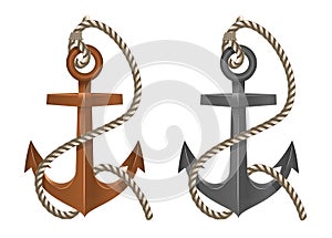 Old two anchor with rope on white background