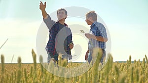 Old two farmers summer handshake man Wheat Field running in the field wheat bread. slow motion video. farmer Smart