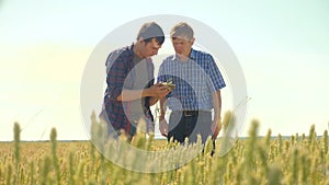 Old two farmers summer handshake man on your smartphone Wheat Field running in the field wheat bread. slow motion video