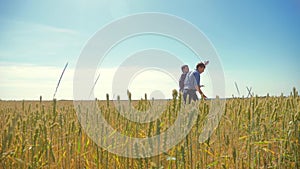 Old two farmers summer man Wheat Field running in the field wheat bread. slow motion video. farmer ecology concept