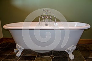 Old type footed bath tub in olive green bathroom