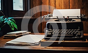 Old typewriter with blank paper on wooden table. The character and all objects are fictitious, the image was created using the
