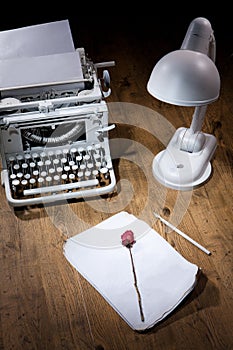 Old Typewriter, Manuscript And Dry Rose