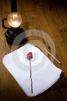 Old Typewriter, Manuscript And Dry Rose